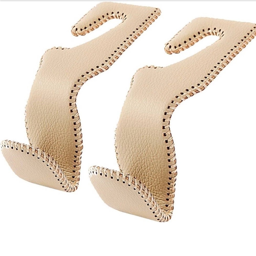2 Leather Beige Car Headrest Hooks for Purses and Bags Vehicle Hanging Storage